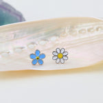 Mismatched Enamel Daisy and Forget Me Not Flower Stud Earrings in Sterling Silver, Asymmetric Forget me not and Daisy Flower Earrings,