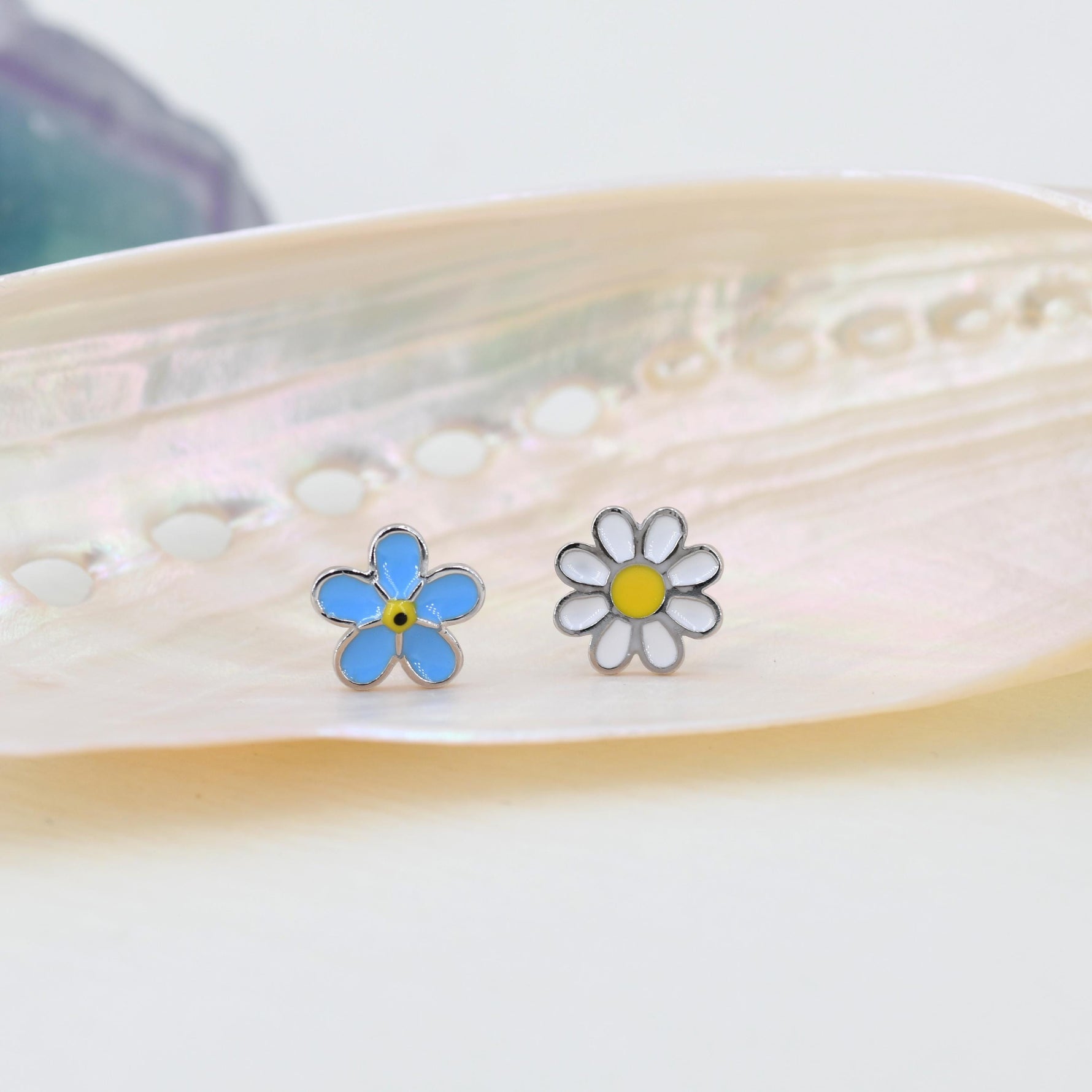 Mismatched Enamel Daisy and Forget Me Not Flower Stud Earrings in Sterling Silver, Asymmetric Forget me not and Daisy Flower Earrings,