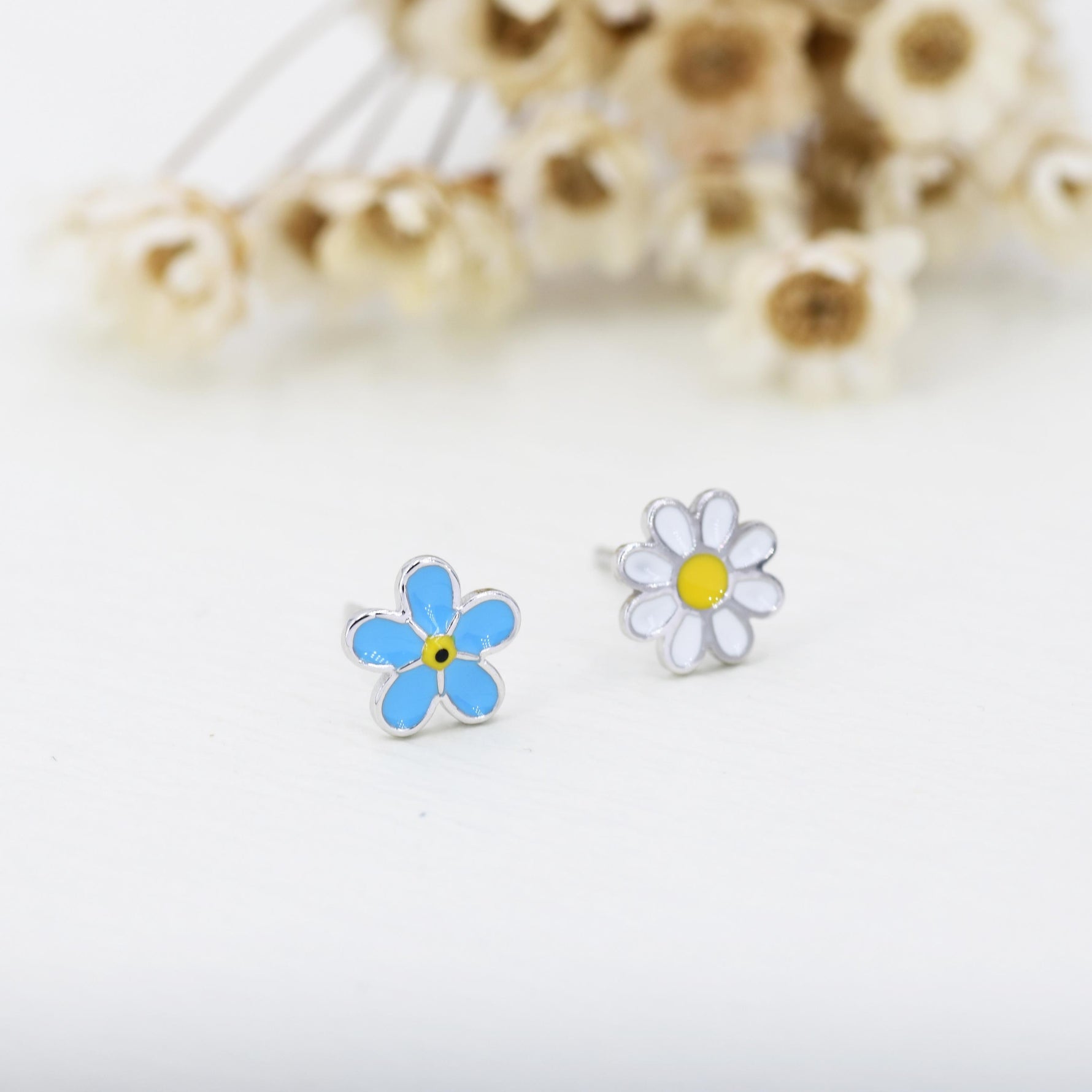 Mismatched Enamel Daisy and Forget Me Not Flower Stud Earrings in Sterling Silver, Asymmetric Forget me not and Daisy Flower Earrings,