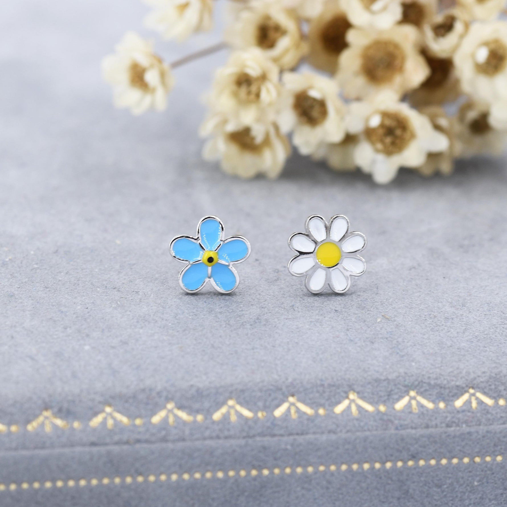 Mismatched Enamel Daisy and Forget Me Not Flower Stud Earrings in Sterling Silver, Asymmetric Forget me not and Daisy Flower Earrings,