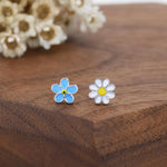 Mismatched Enamel Daisy and Forget Me Not Flower Stud Earrings in Sterling Silver, Asymmetric Forget me not and Daisy Flower Earrings,