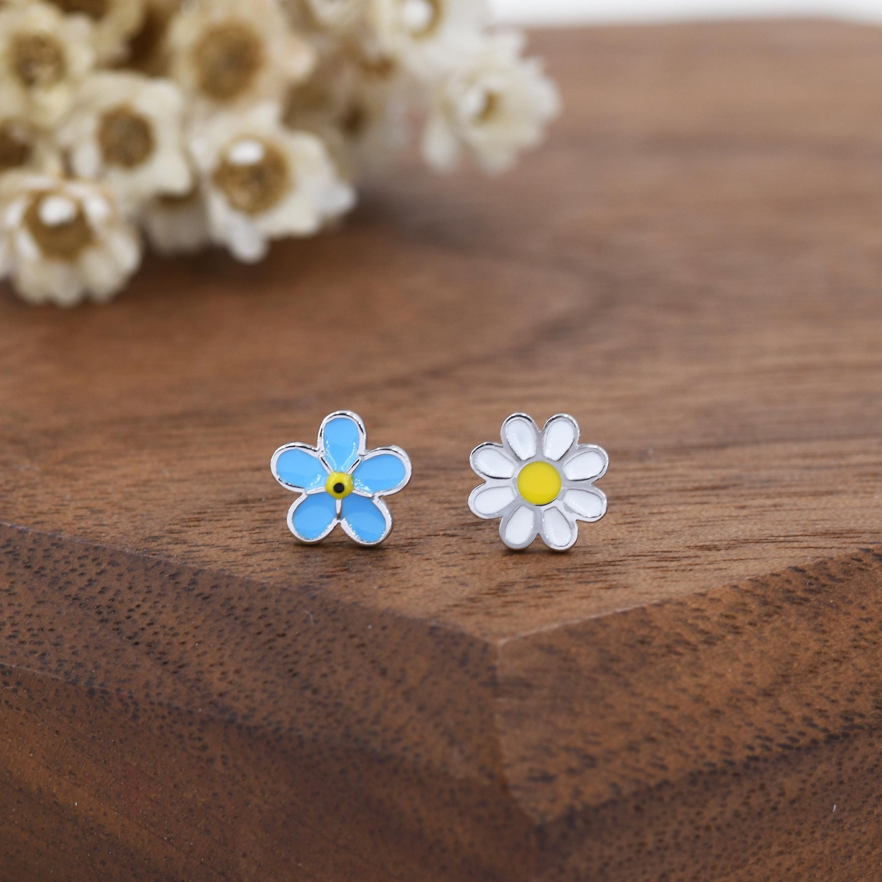 Mismatched Enamel Daisy and Forget Me Not Flower Stud Earrings in Sterling Silver, Asymmetric Forget me not and Daisy Flower Earrings,