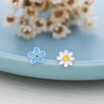 Mismatched Enamel Daisy and Forget Me Not Flower Stud Earrings in Sterling Silver, Asymmetric Forget me not and Daisy Flower Earrings,