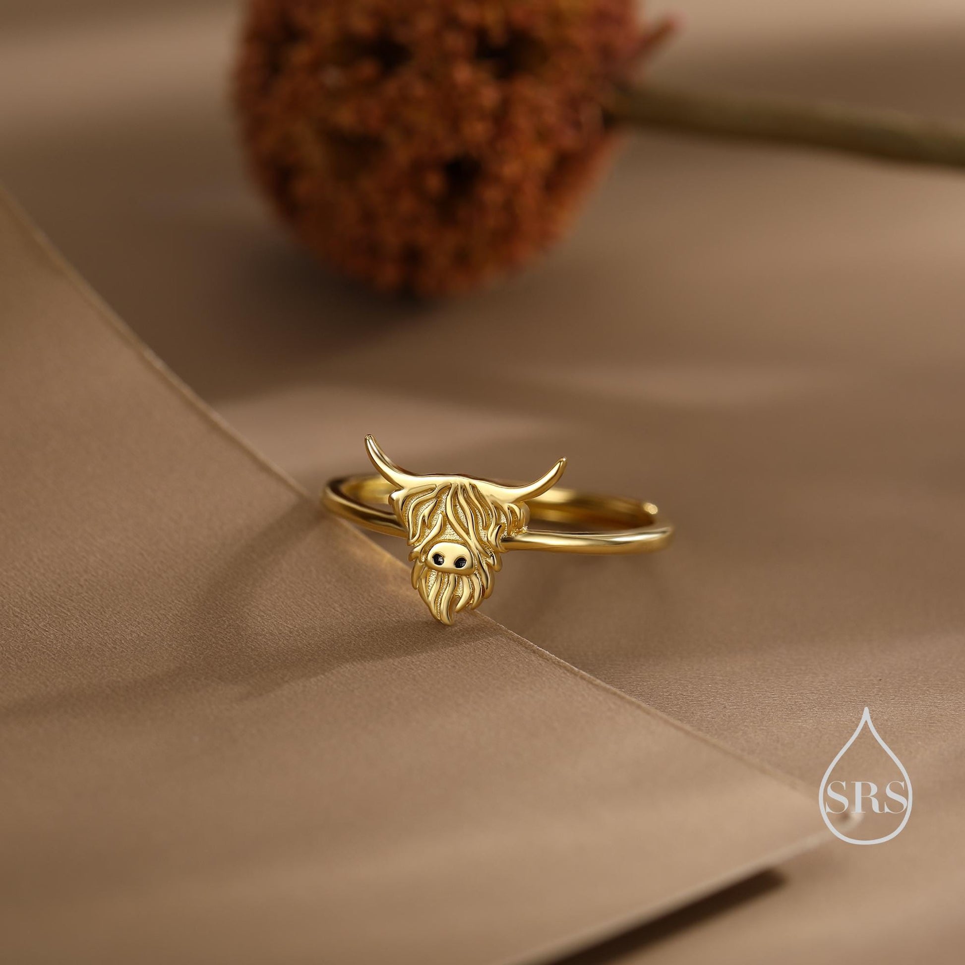 Sterling Silver Highland Cow Ring, Silver or Gold, Adjustable Size, Highland Cow Jewellery, Cow Ring, Scottish Design