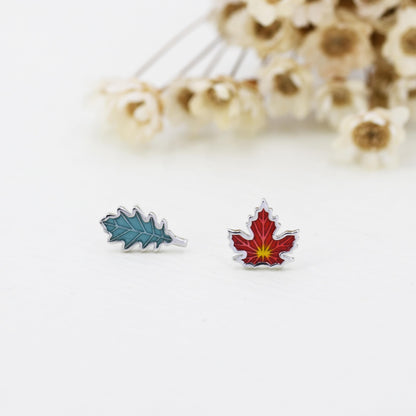 Mismatched Enamel Maple Leaf and Oak Leaf Stud Earrings in Sterling Silver, Petite Asymmetric Oak Leaf and Maple Leaf Earrings