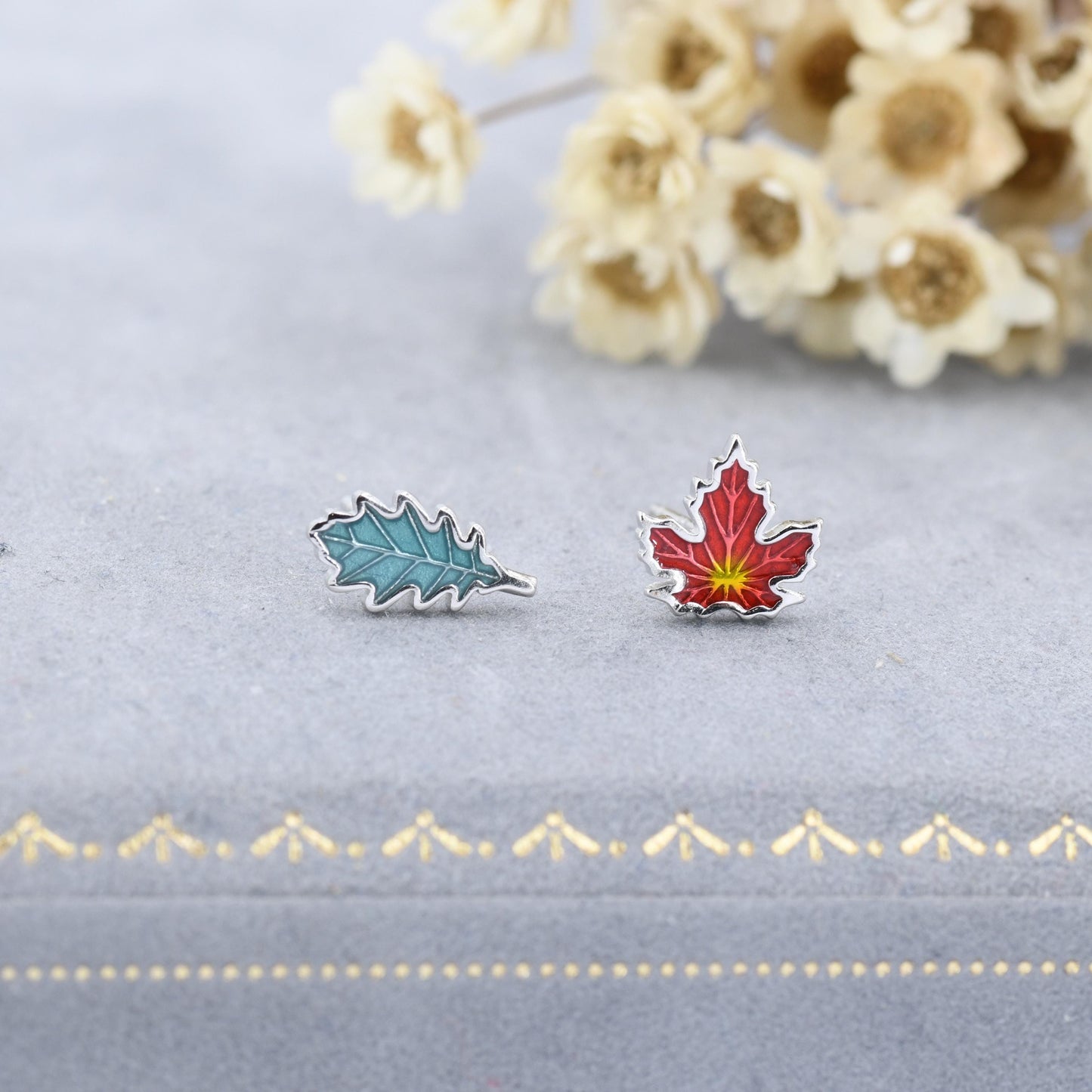 Mismatched Enamel Maple Leaf and Oak Leaf Stud Earrings in Sterling Silver, Petite Asymmetric Oak Leaf and Maple Leaf Earrings