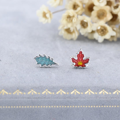 Mismatched Enamel Maple Leaf and Oak Leaf Stud Earrings in Sterling Silver, Petite Asymmetric Oak Leaf and Maple Leaf Earrings
