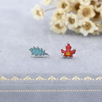 Mismatched Enamel Maple Leaf and Oak Leaf Stud Earrings in Sterling Silver, Petite Asymmetric Oak Leaf and Maple Leaf Earrings