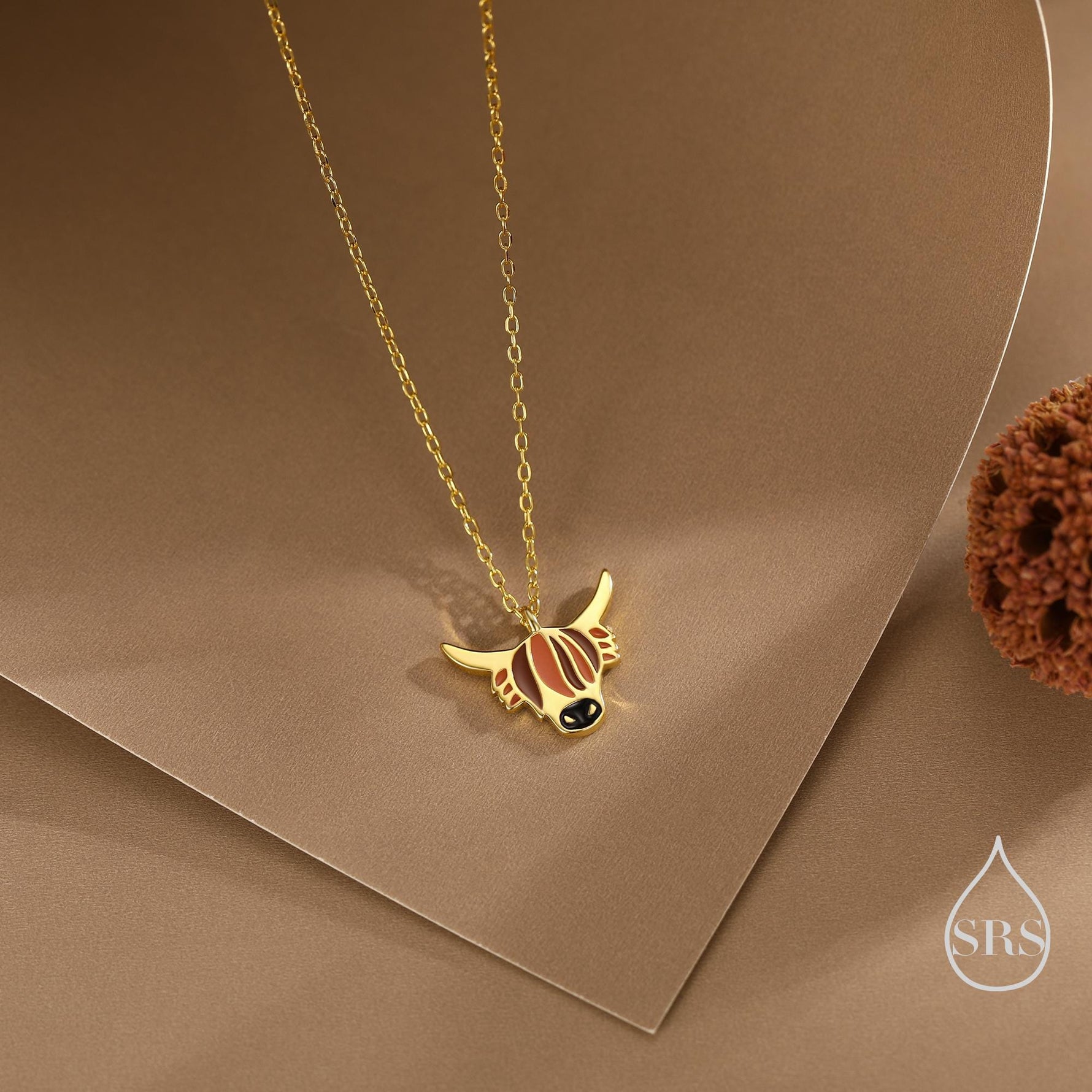 Sterling Silver Enamel Highland Cow Pendant Necklace, Silver or Gold Finish, Delicate Highland Cow Necklace, Scottish Jewellery