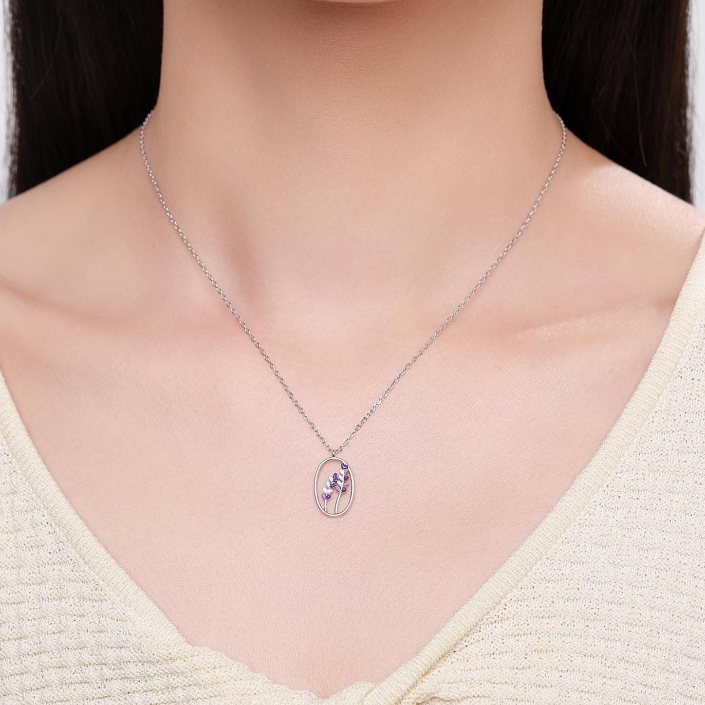 Enamel Lavender Pendant Necklace in Sterling Silver, Silver or Gold Finish, Lavender Flower Necklace