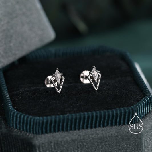 Internally Threaded Flat Back Earrings, Art Deco Inspired Tiny Rhombus Screw Back / CZ Stud Earrings in Sterling Silver