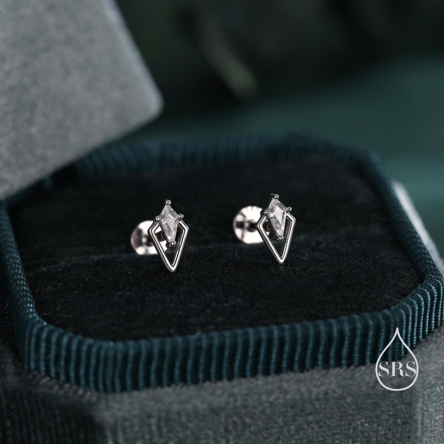 Internally Threaded Flat Back Earrings, Art Deco Inspired Tiny Rhombus Screw Back / Stud CZ Stud Earrings in Sterling Silver