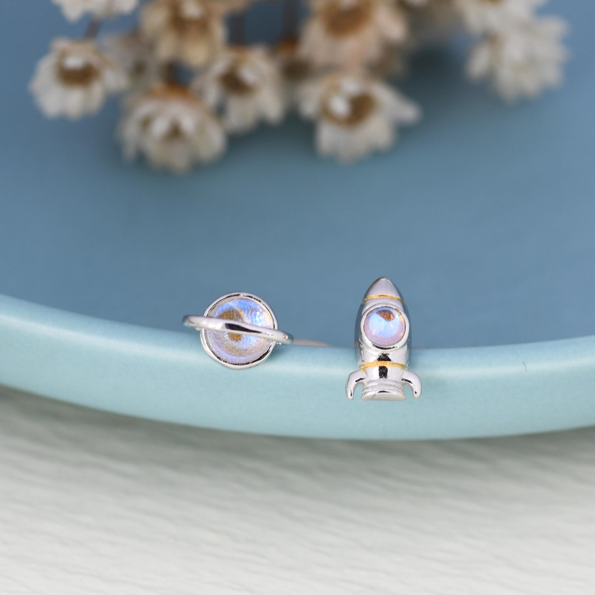 Mismatched Rocket and Planet Stud Earrings in Sterling Silver, Asymmetric Planet and Space Rocket Earrings, Spaceship Earrings