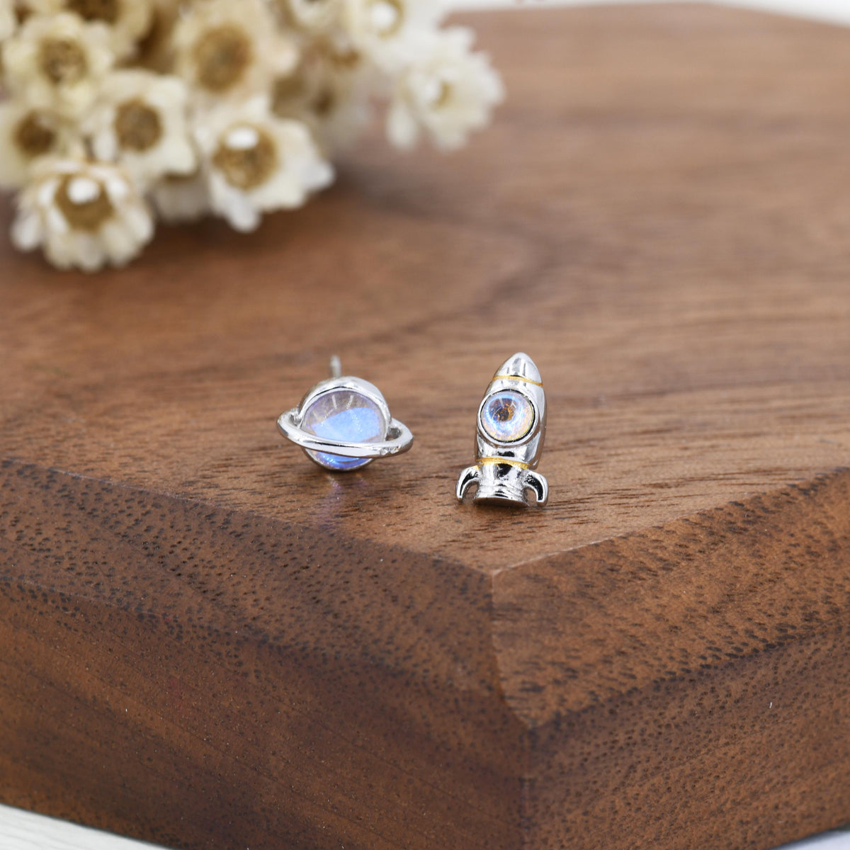 Mismatched Rocket and Planet Stud Earrings in Sterling Silver, Asymmetric Planet and Space Rocket Earrings, Spaceship Earrings