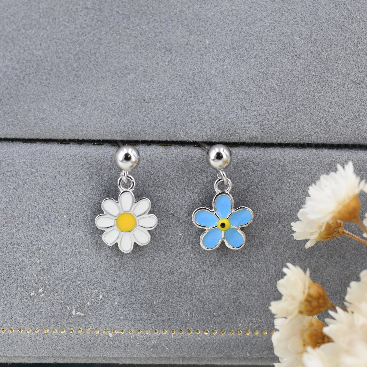 Sterling Silver Mismatched Enamel Daisy and Forget Me Not Flower Drop Stud Earrings, Dainty Asymmetric Forget-me-not and Daisy Earrings