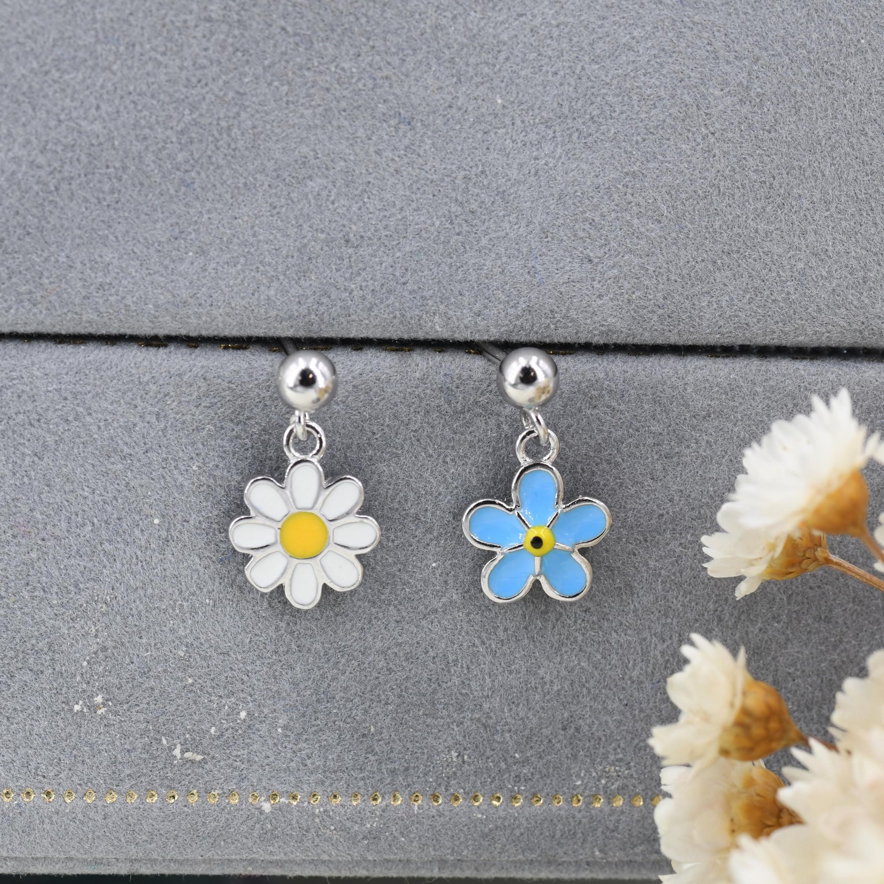 Sterling Silver Mismatched Enamel Daisy and Forget Me Not Flower Drop Stud Earrings, Dainty Asymmetric Forget-me-not and Daisy Earrings