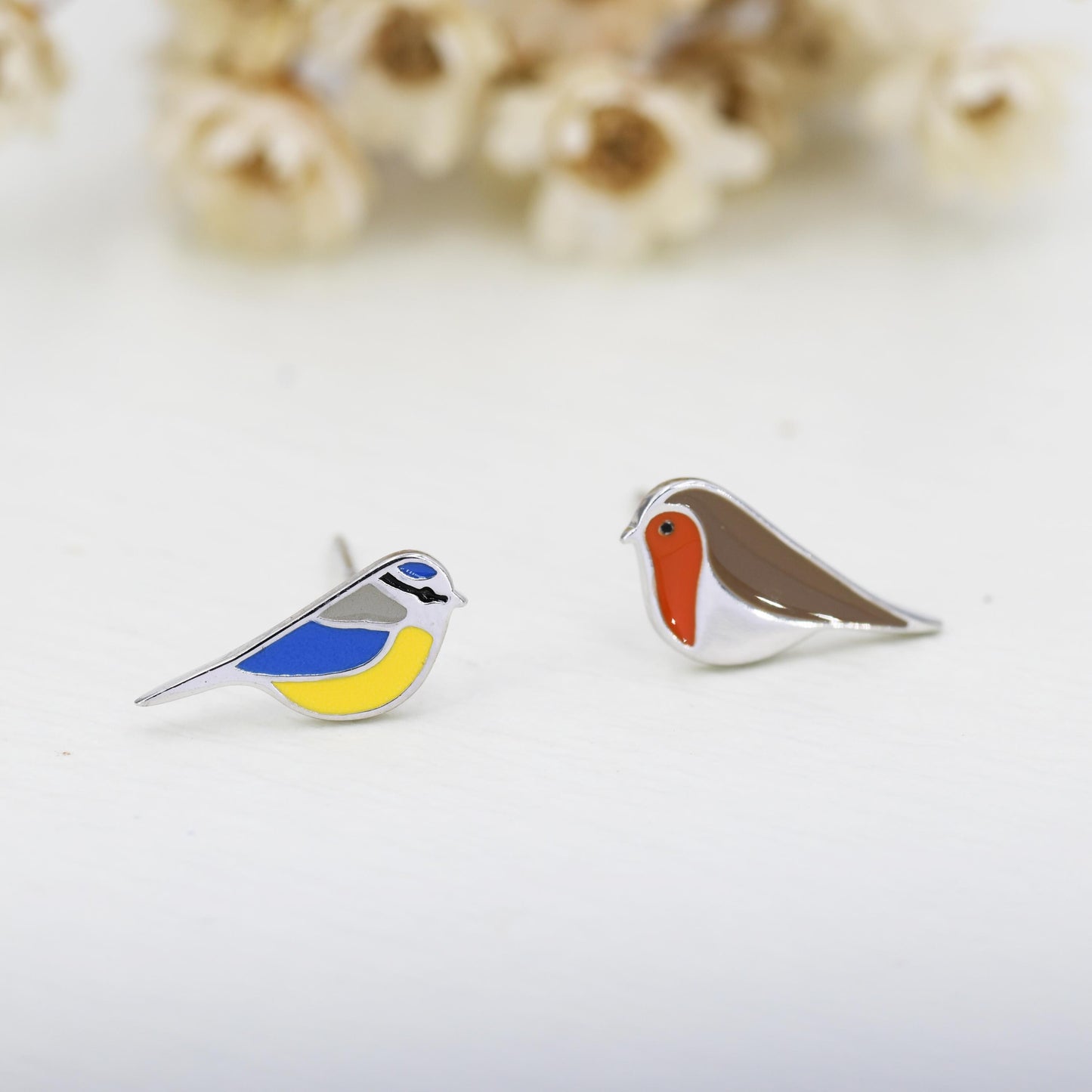 Mismatched Robin and Blue Tit Bird Stud Earrings in Sterling Silver, Asymmetric Blue Tit and Robin Earrings, Hand Painted Enamel