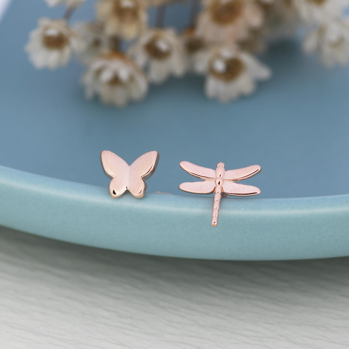 Mismatched Butterfly and Dragonfly Stud Earrings in Sterling Silver, Silver, Gold or Rose Gold, Asymmetric Dragonfly and Butterfly Earrings