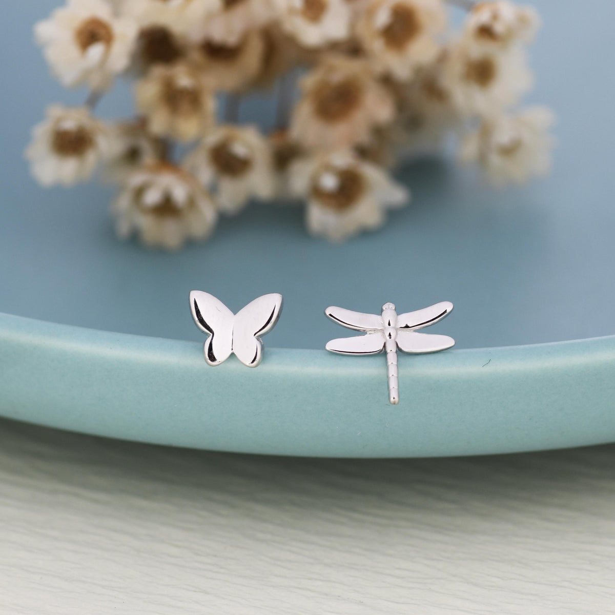 Mismatched Butterfly and Dragonfly Stud Earrings in Sterling Silver, Silver, Gold or Rose Gold, Asymmetric Dragonfly and Butterfly Earrings