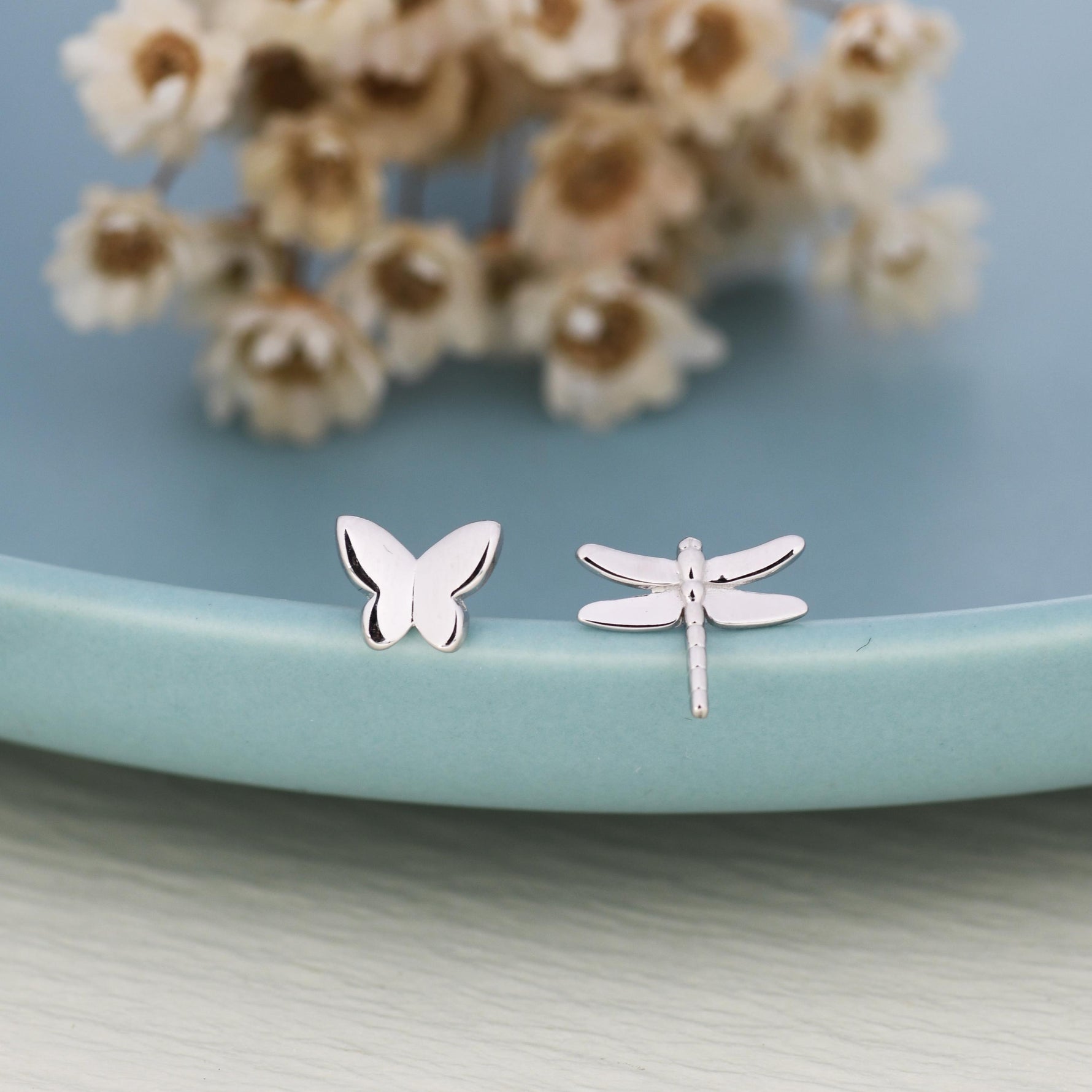 Mismatched Butterfly and Dragonfly Stud Earrings in Sterling Silver, Silver, Gold or Rose Gold, Asymmetric Dragonfly and Butterfly Earrings