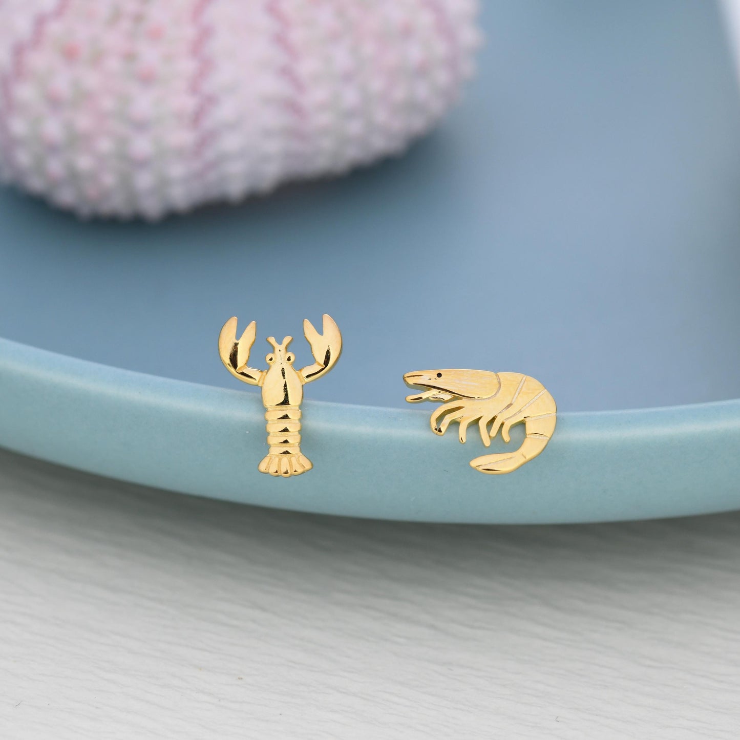 Mismatched Sterling Silver Lobster and Prawn Stud Earrings, Asymmetric Shrimp and Lobster Ocean Creature Earrings, Cute and Quirky