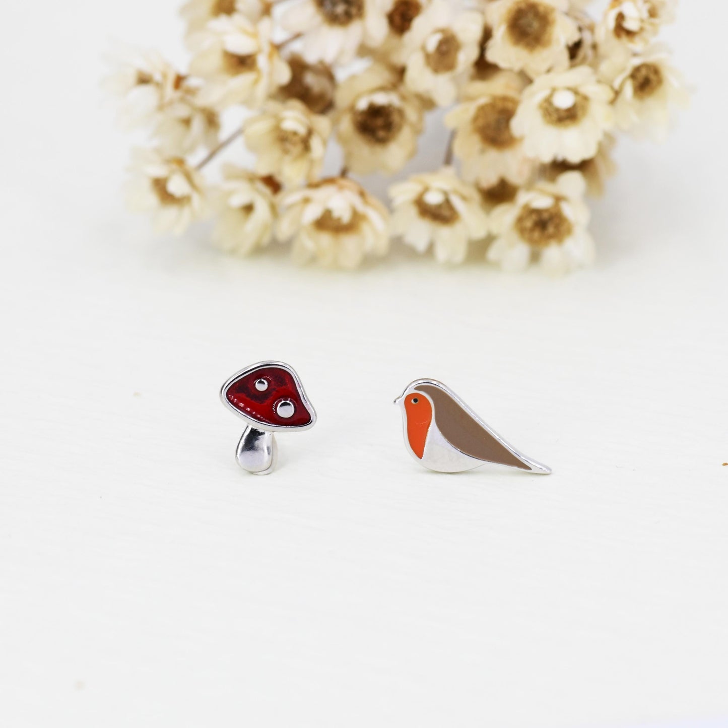 Mismatched Robin Bird and Mushroom Stud Earrings in Sterling Silver, Asymmetric Red Mushroom and Robin Earrings, Hand Painted Enamel