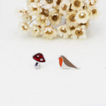 Mismatched Robin Bird and Mushroom Stud Earrings in Sterling Silver, Asymmetric Red Mushroom and Robin Earrings, Hand Painted Enamel