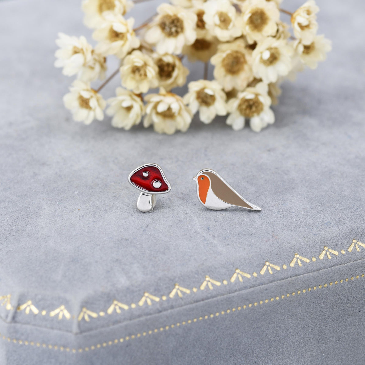Mismatched Robin Bird and Mushroom Stud Earrings in Sterling Silver, Asymmetric Red Mushroom and Robin Earrings, Hand Painted Enamel