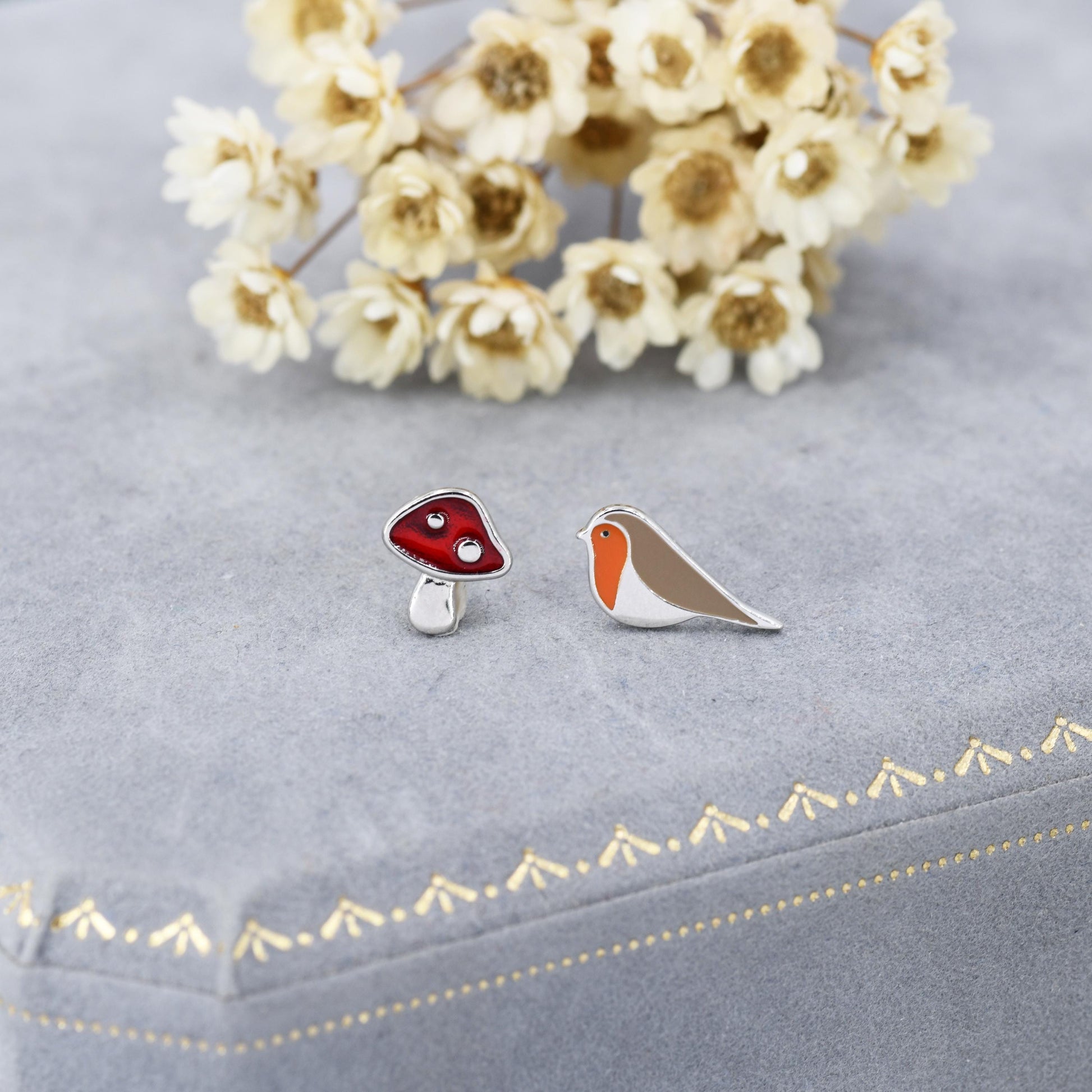 Mismatched Robin Bird and Mushroom Stud Earrings in Sterling Silver, Asymmetric Red Mushroom and Robin Earrings, Hand Painted Enamel