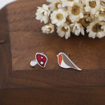 Mismatched Robin Bird and Mushroom Stud Earrings in Sterling Silver, Asymmetric Red Mushroom and Robin Earrings, Hand Painted Enamel