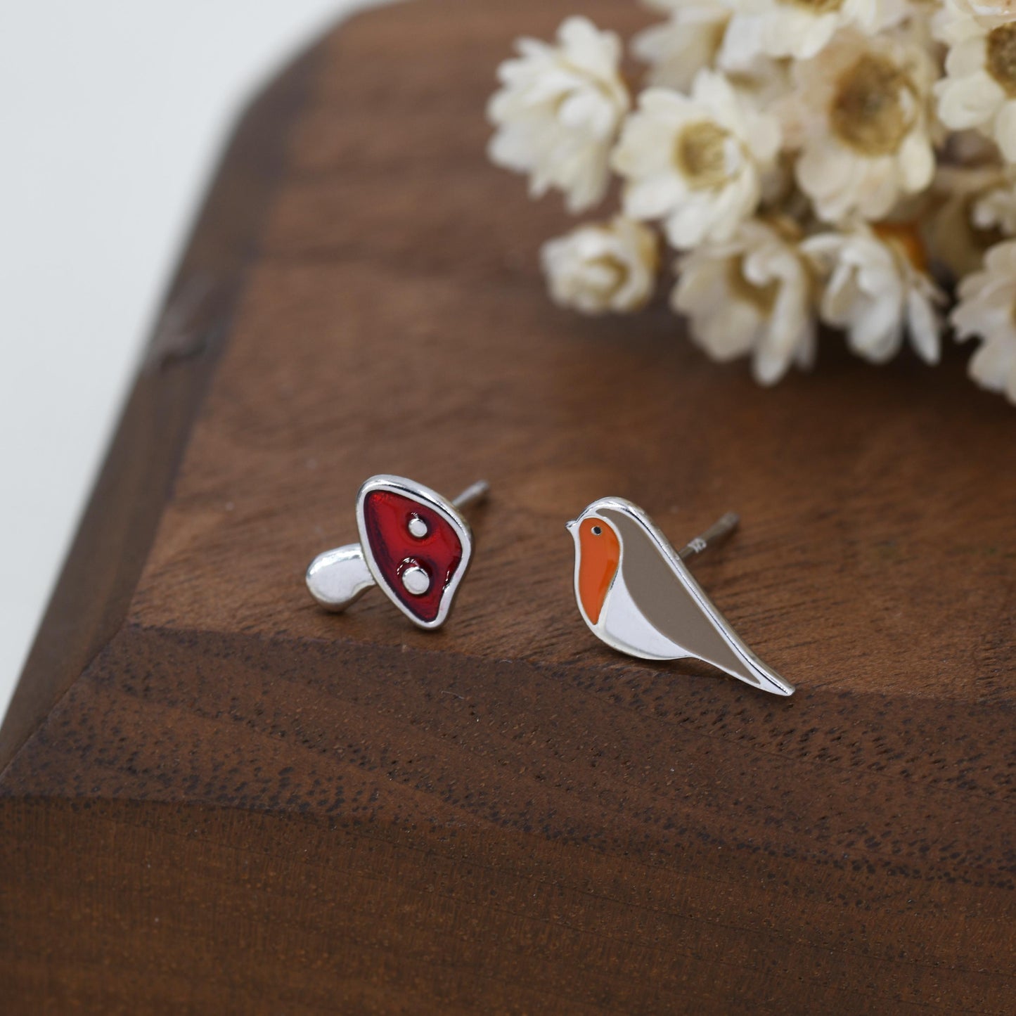 Mismatched Robin Bird and Mushroom Stud Earrings in Sterling Silver, Asymmetric Red Mushroom and Robin Earrings, Hand Painted Enamel