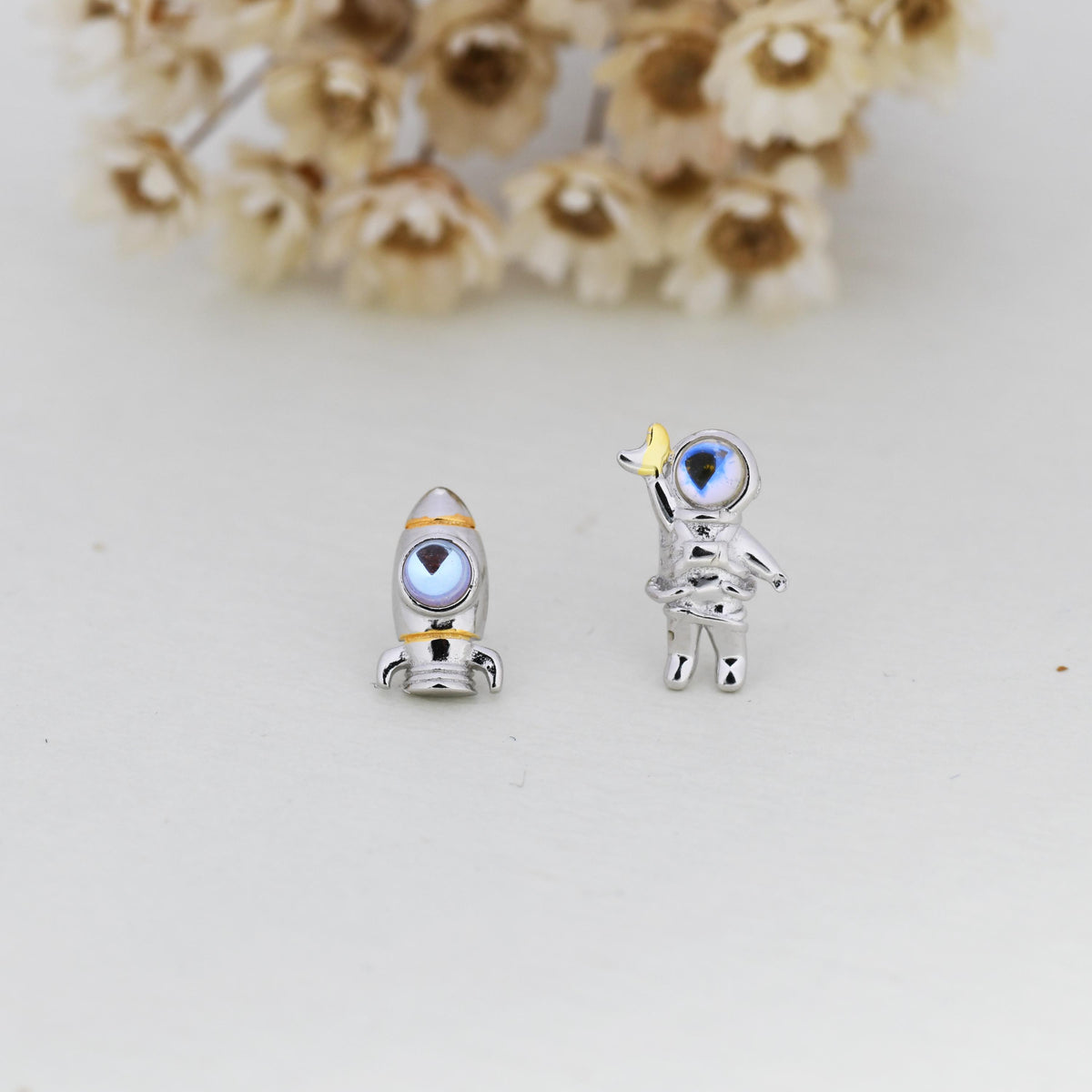 Mismatched Astronaut and Rocket Stud Earrings in Sterling Silver with Lab Moonstone, Asymmetric Rocket and Astronaut Spaceman Earrings