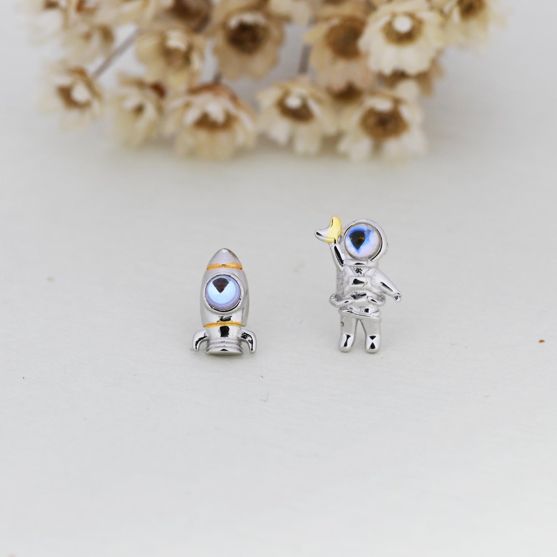 Mismatched Astronaut and Rocket Stud Earrings in Sterling Silver with Lab Moonstone, Asymmetric Rocket and Astronaut Spaceman Earrings