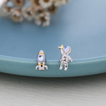Mismatched Astronaut and Rocket Stud Earrings in Sterling Silver with Lab Moonstone, Asymmetric Rocket and Astronaut Spaceman Earrings