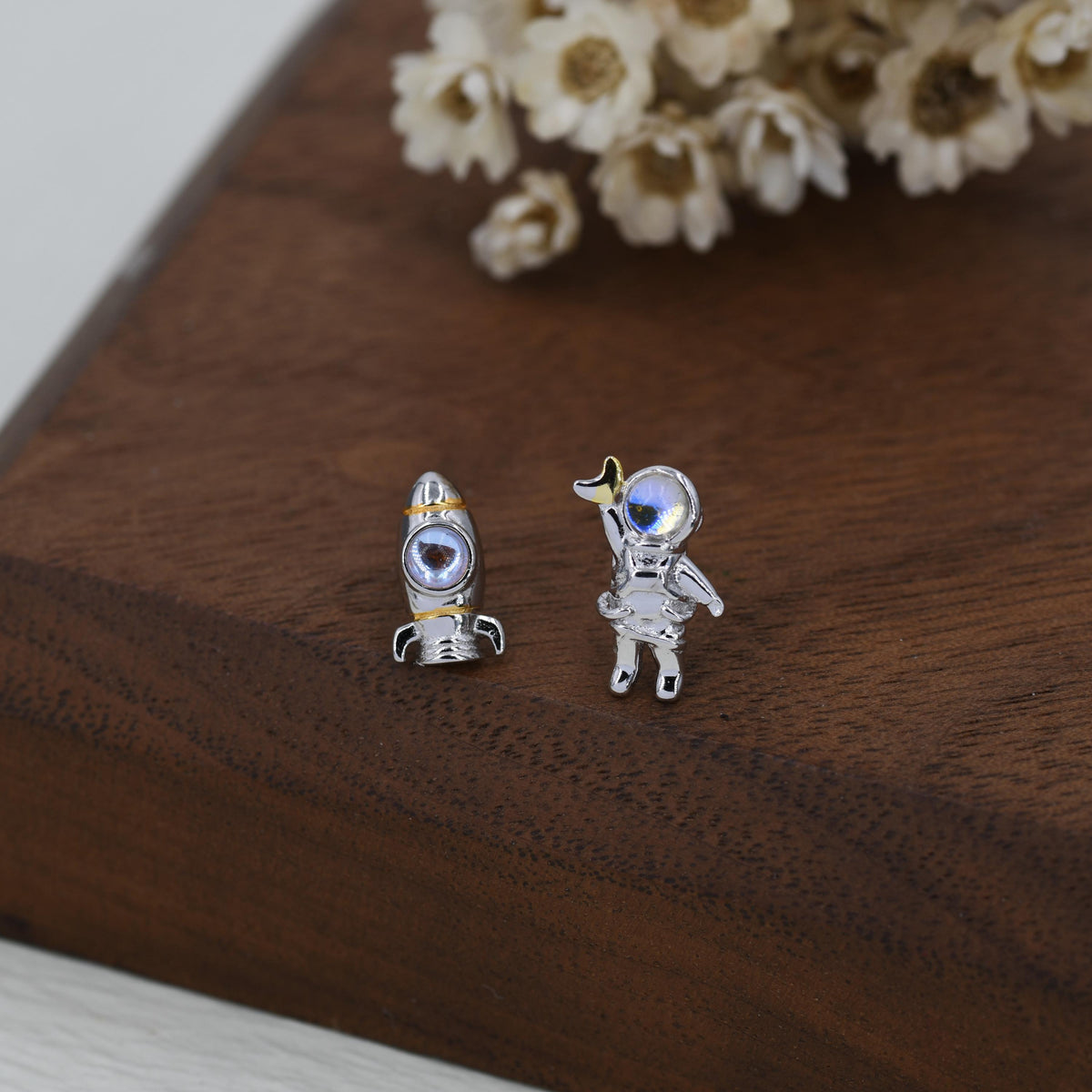 Mismatched Astronaut and Rocket Stud Earrings in Sterling Silver with Lab Moonstone, Asymmetric Rocket and Astronaut Spaceman Earrings
