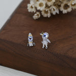 Mismatched Astronaut and Rocket Stud Earrings in Sterling Silver with Lab Moonstone, Asymmetric Rocket and Astronaut Spaceman Earrings