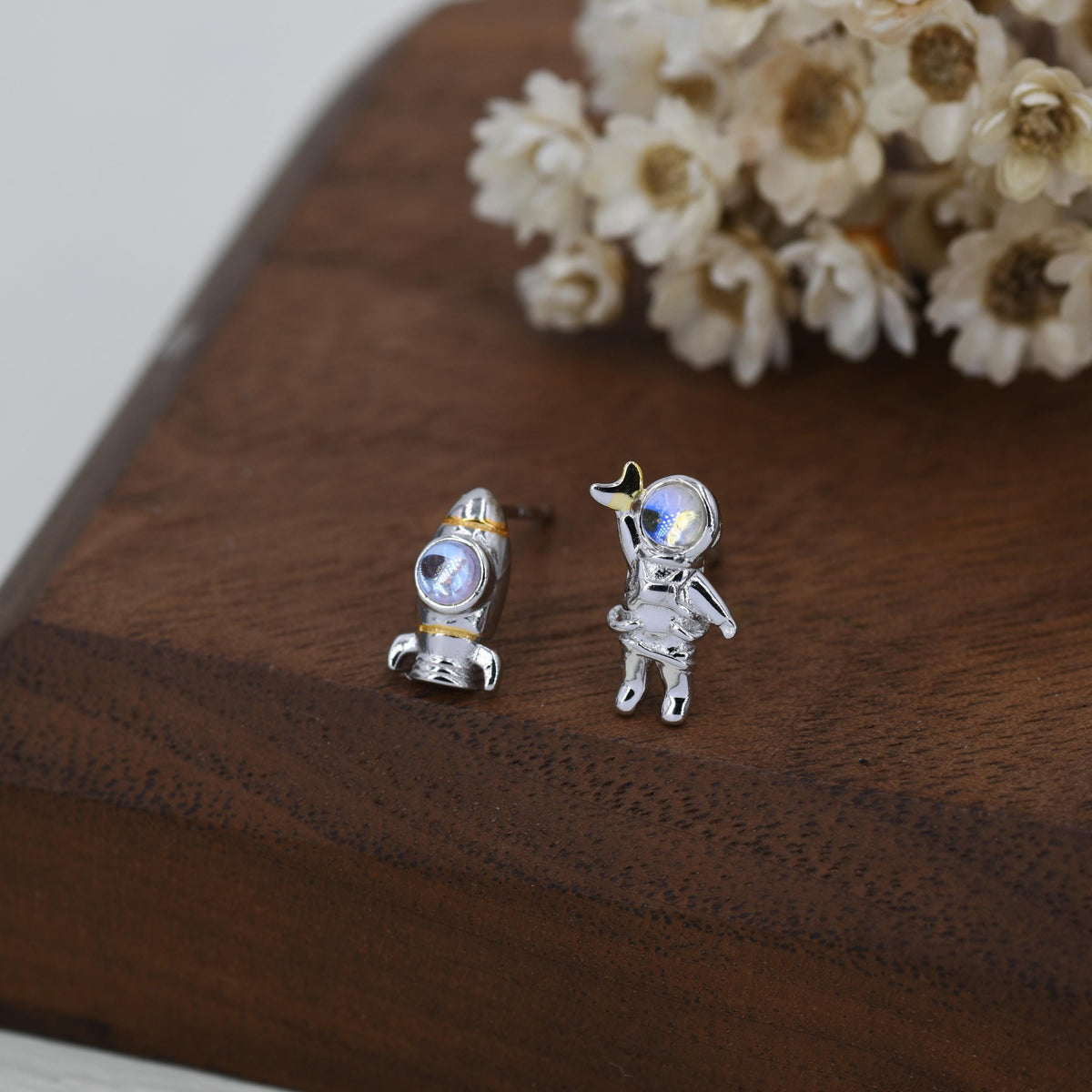 Mismatched Astronaut and Rocket Stud Earrings in Sterling Silver with Lab Moonstone, Asymmetric Rocket and Astronaut Spaceman Earrings