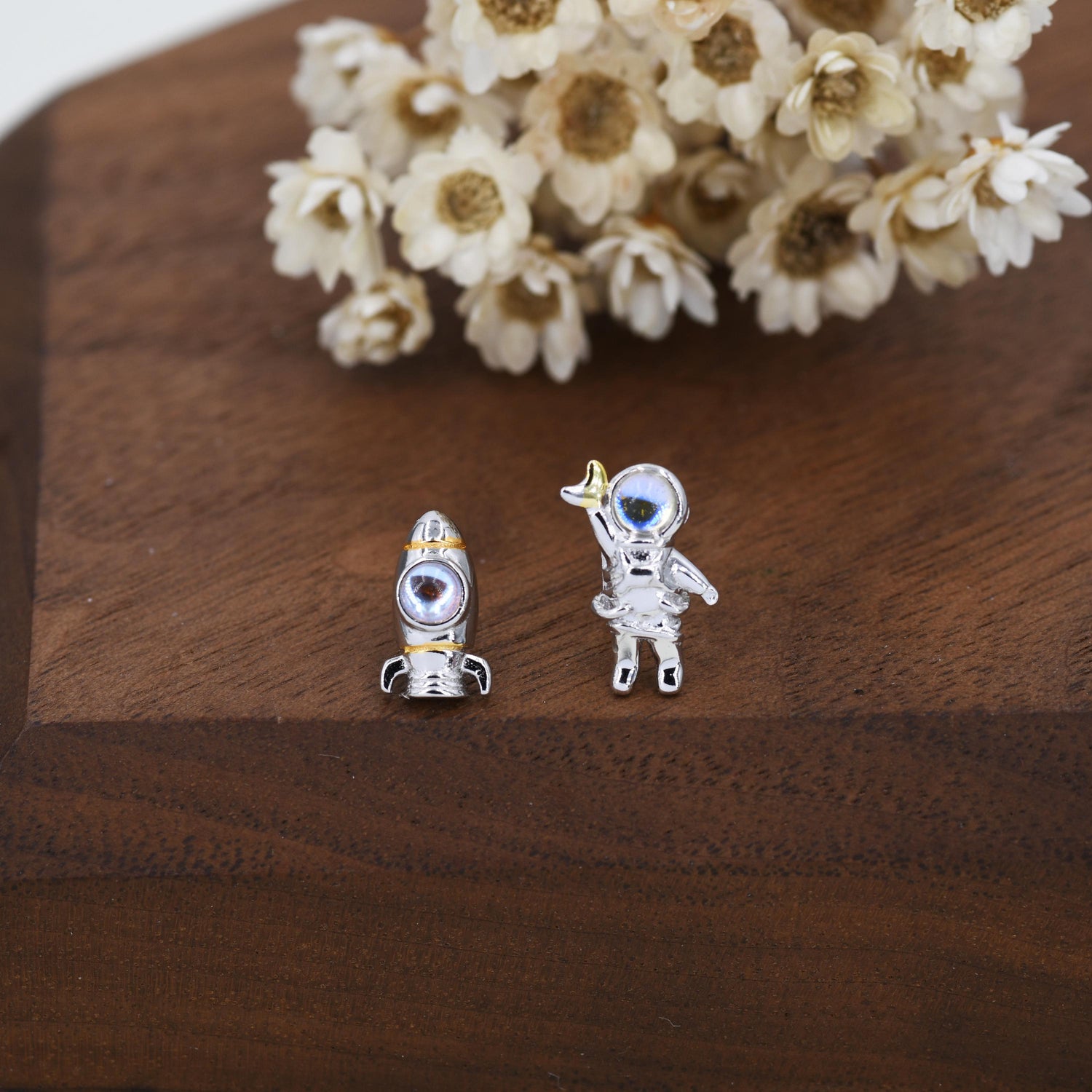 Mismatched Astronaut and Rocket Stud Earrings in Sterling Silver with Lab Moonstone, Asymmetric Rocket and Astronaut Spaceman Earrings
