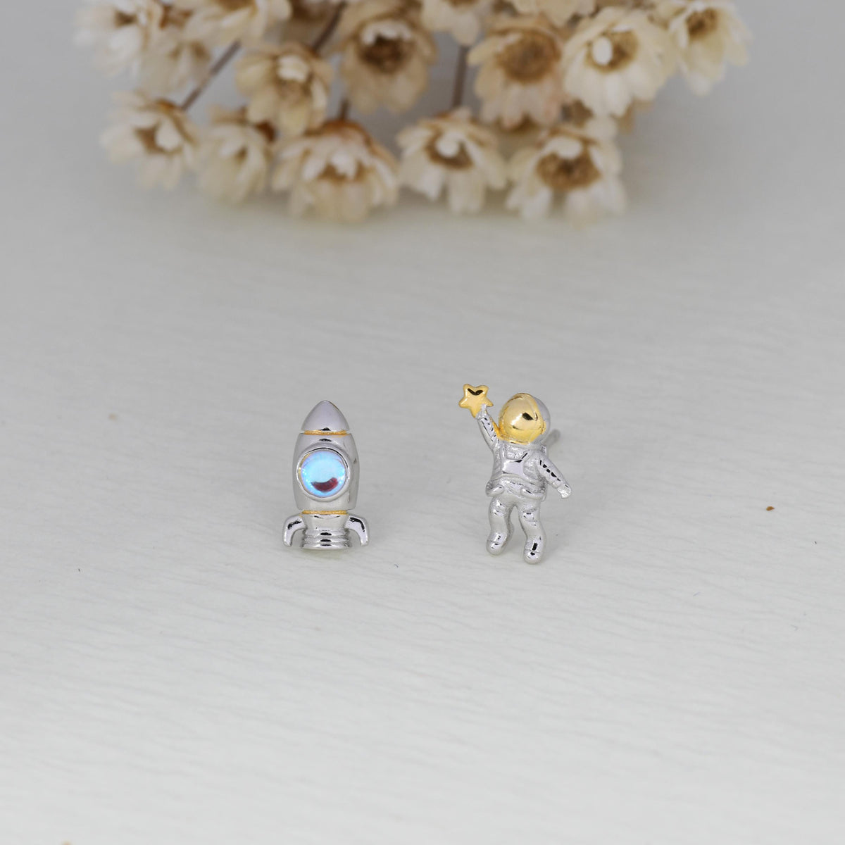 Mismatched Astronaut and Rocket Stud Earrings in Sterling Silver with Simulated Moonstone, Asymmetric Rocket and Astronaut Spaceman Earrings