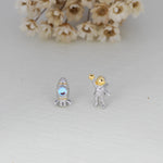 Mismatched Astronaut and Rocket Stud Earrings in Sterling Silver with Simulated Moonstone, Asymmetric Rocket and Astronaut Spaceman Earrings