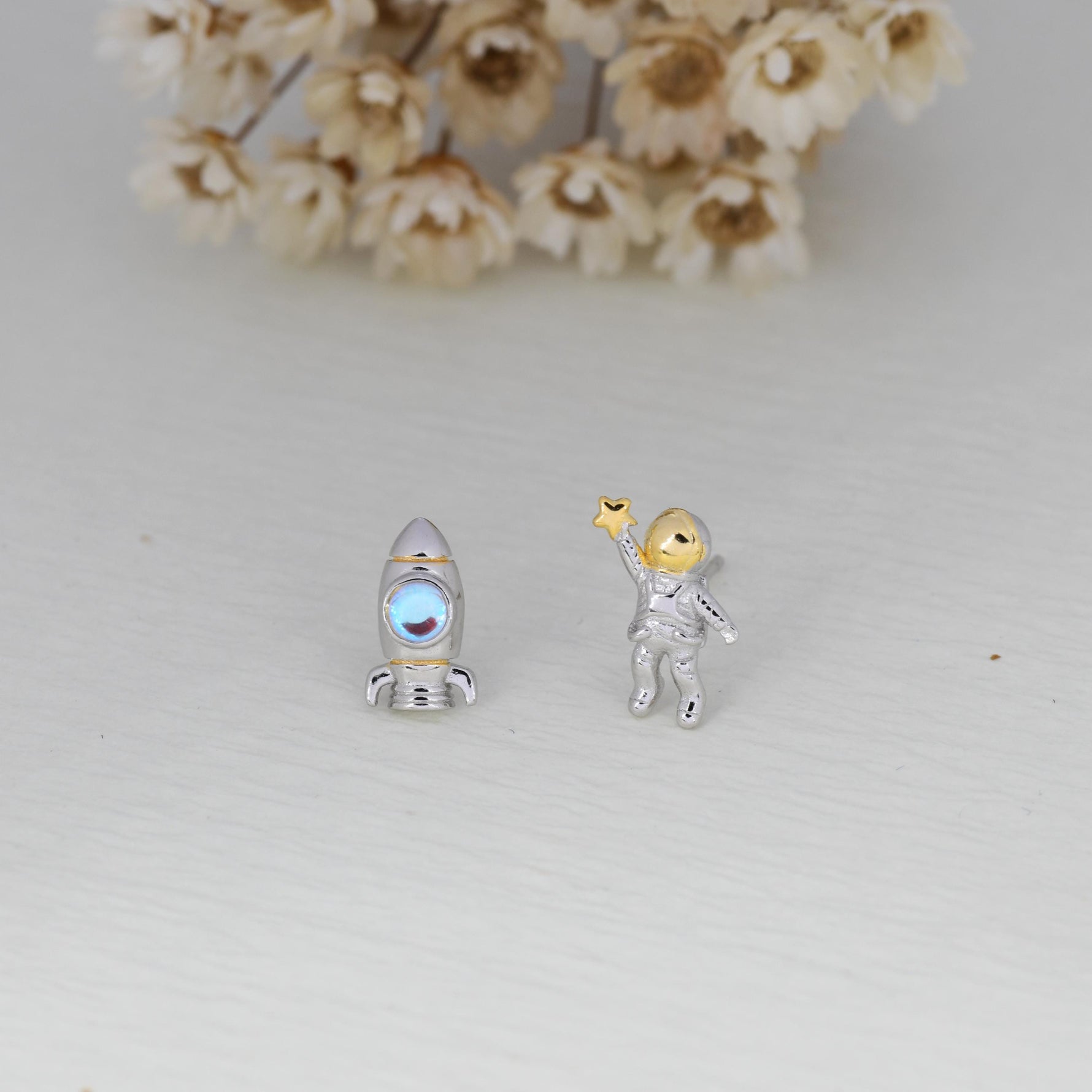 Mismatched Astronaut and Rocket Stud Earrings in Sterling Silver with Simulated Moonstone, Asymmetric Rocket and Astronaut Spaceman Earrings