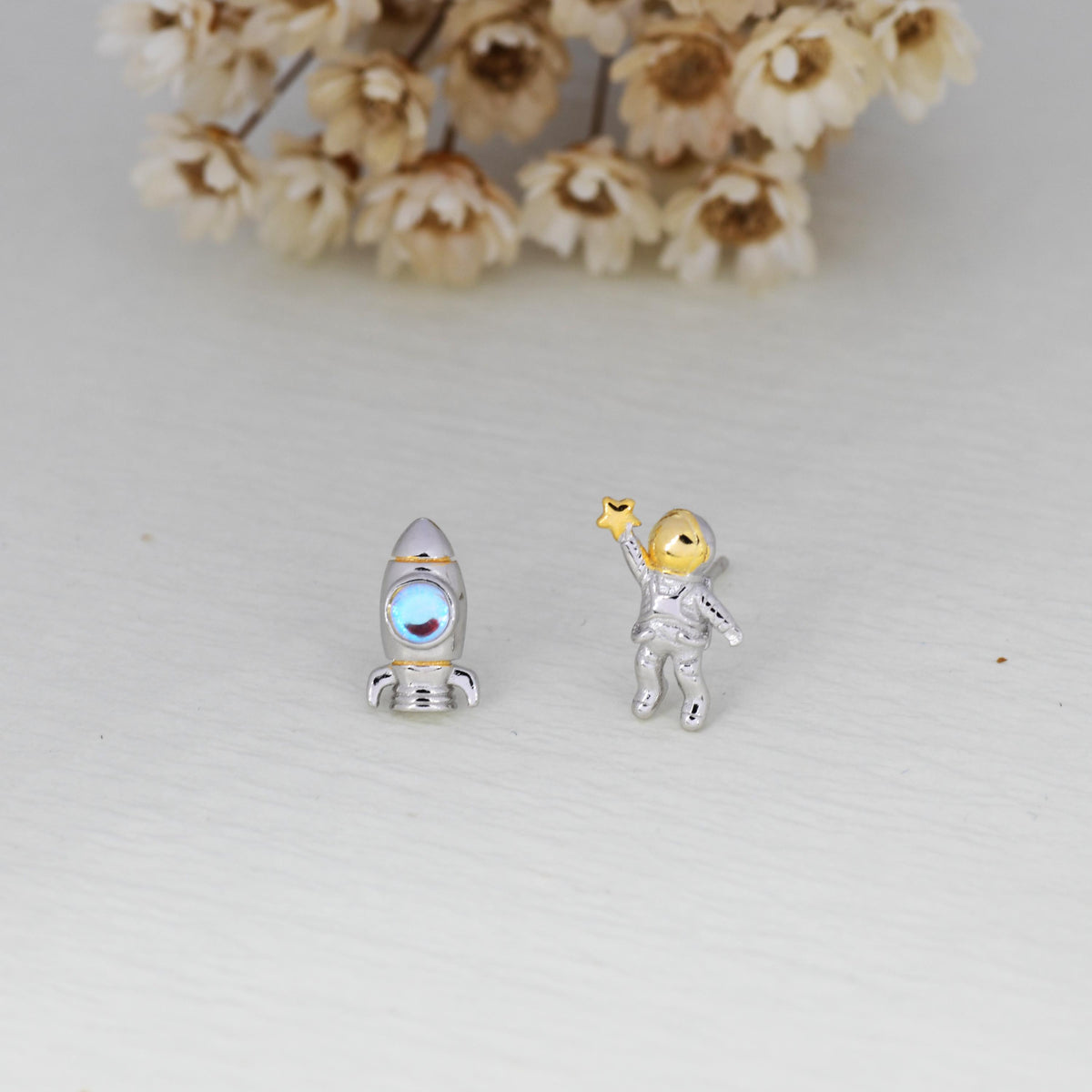 Mismatched Astronaut and Rocket Stud Earrings in Sterling Silver with Simulated Moonstone, Asymmetric Rocket and Astronaut Spaceman Earrings
