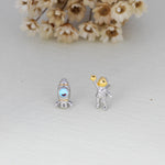 Mismatched Astronaut and Rocket Stud Earrings in Sterling Silver with Simulated Moonstone, Asymmetric Rocket and Astronaut Spaceman Earrings