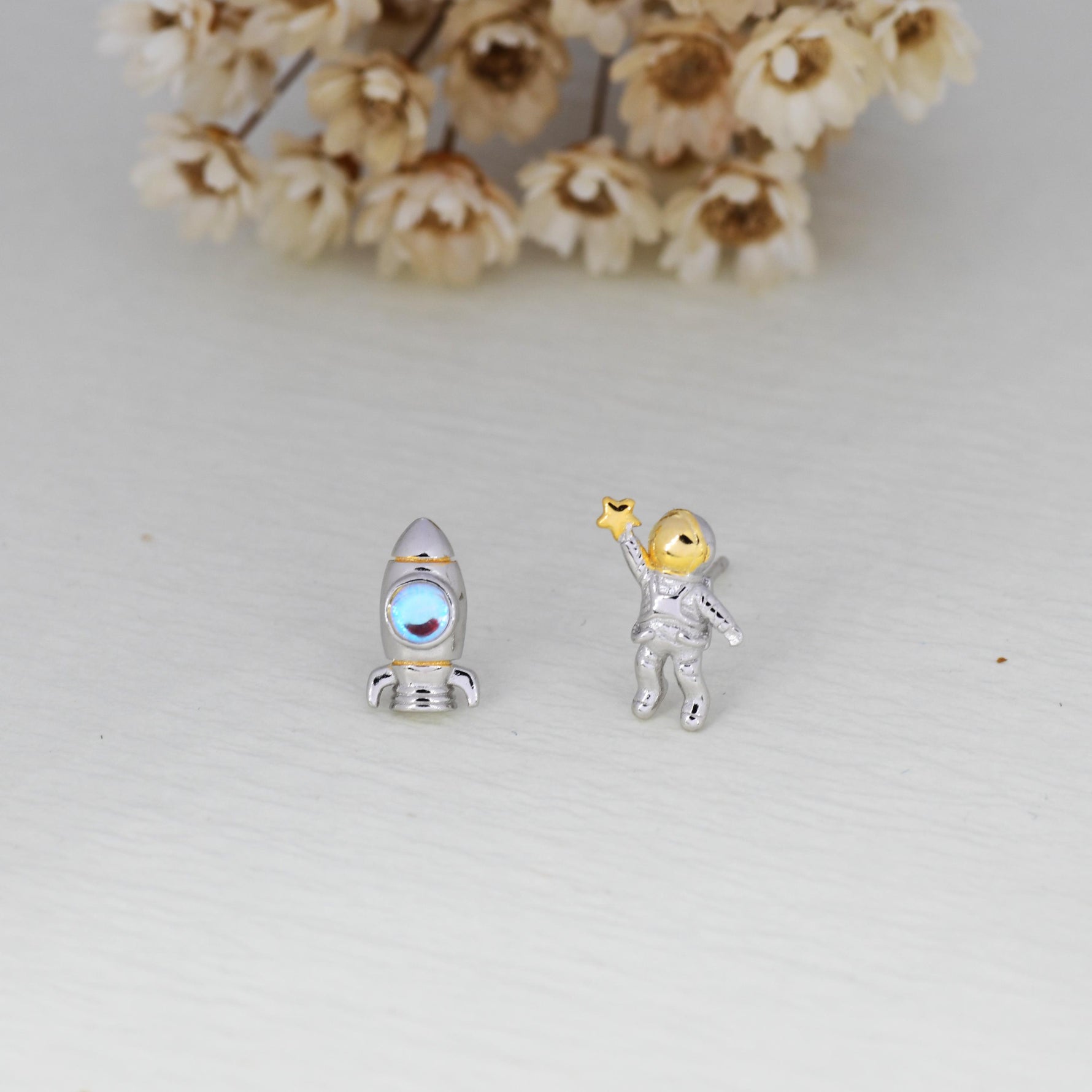 Mismatched Astronaut and Rocket Stud Earrings in Sterling Silver with Simulated Moonstone, Asymmetric Rocket and Astronaut Spaceman Earrings