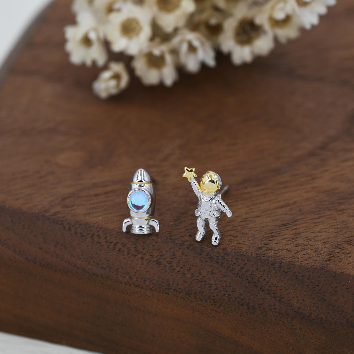 Mismatched Astronaut and Rocket Stud Earrings in Sterling Silver with Simulated Moonstone, Asymmetric Rocket and Astronaut Spaceman Earrings