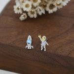 Mismatched Astronaut and Rocket Stud Earrings in Sterling Silver with Simulated Moonstone, Asymmetric Rocket and Astronaut Spaceman Earrings