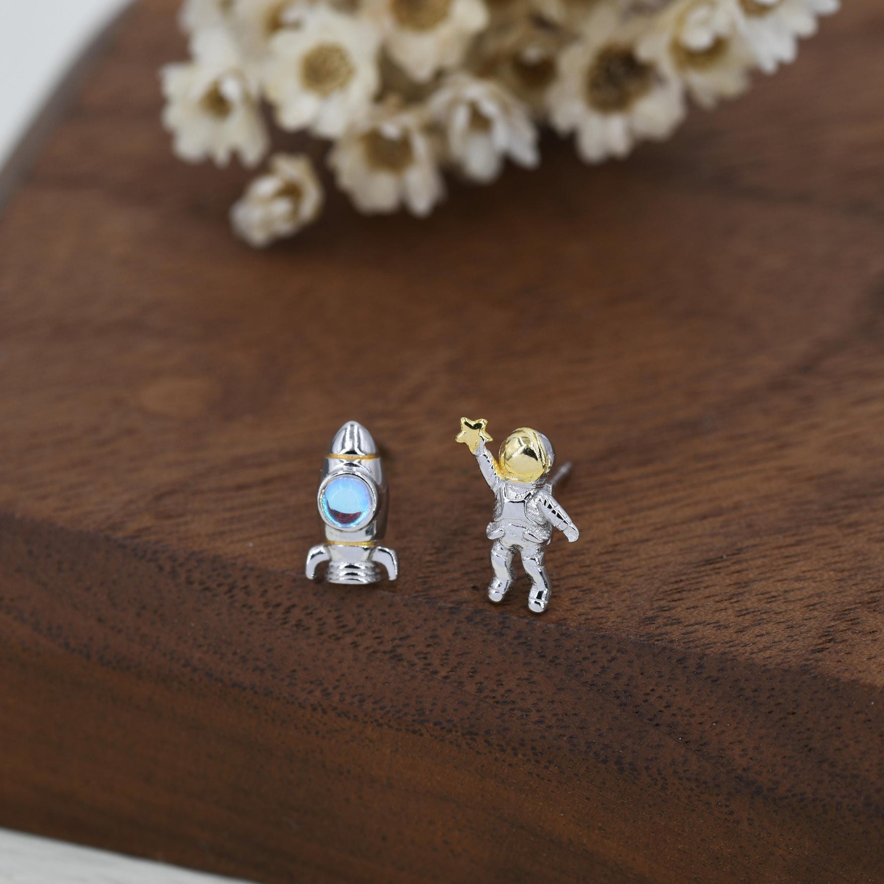 Mismatched Astronaut and Rocket Stud Earrings in Sterling Silver with Simulated Moonstone, Asymmetric Rocket and Astronaut Spaceman Earrings