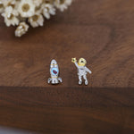 Mismatched Astronaut and Rocket Stud Earrings in Sterling Silver with Simulated Moonstone, Asymmetric Rocket and Astronaut Spaceman Earrings