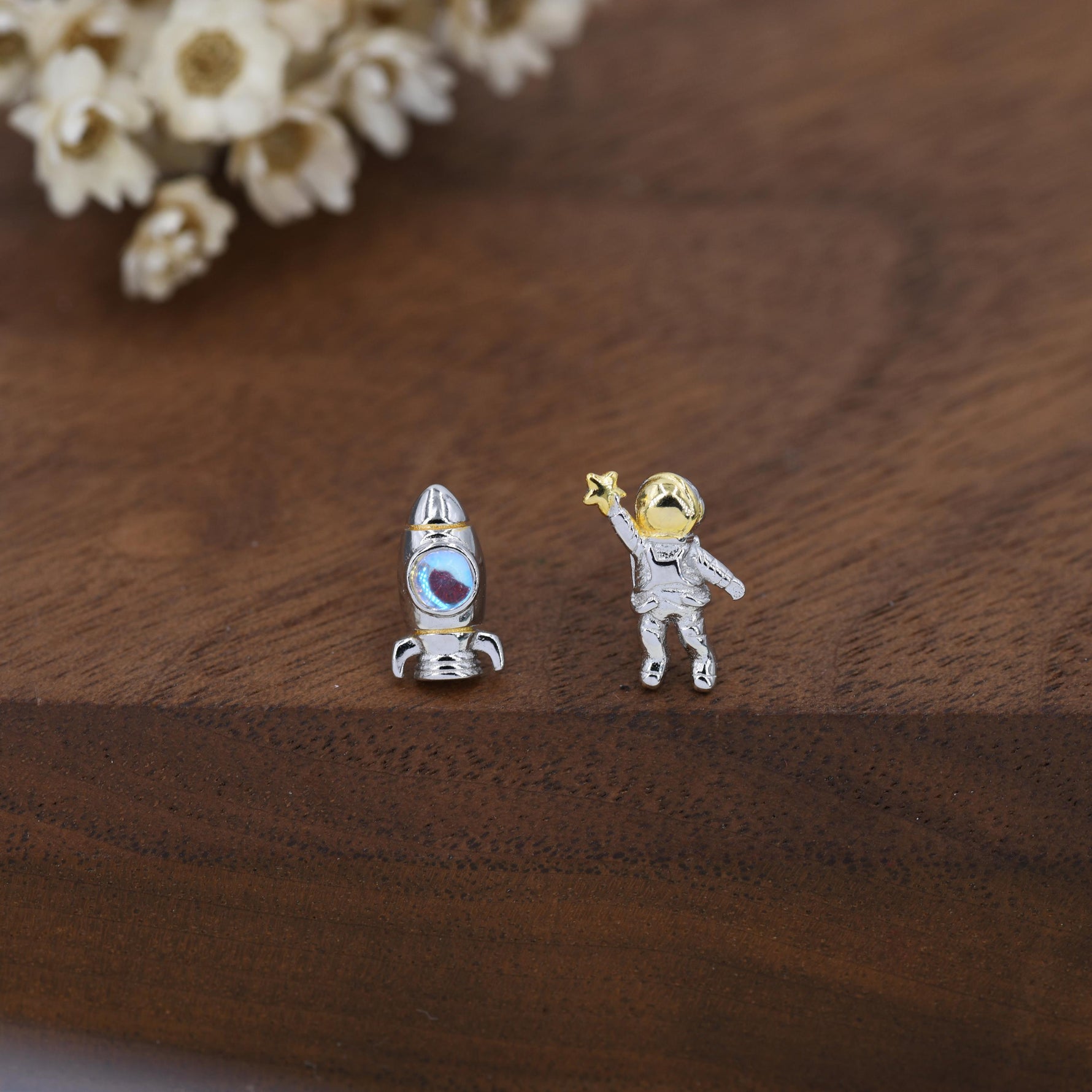 Mismatched Astronaut and Rocket Stud Earrings in Sterling Silver with Simulated Moonstone, Asymmetric Rocket and Astronaut Spaceman Earrings