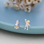 Mismatched Astronaut and Rocket Stud Earrings in Sterling Silver with Simulated Moonstone, Asymmetric Rocket and Astronaut Spaceman Earrings